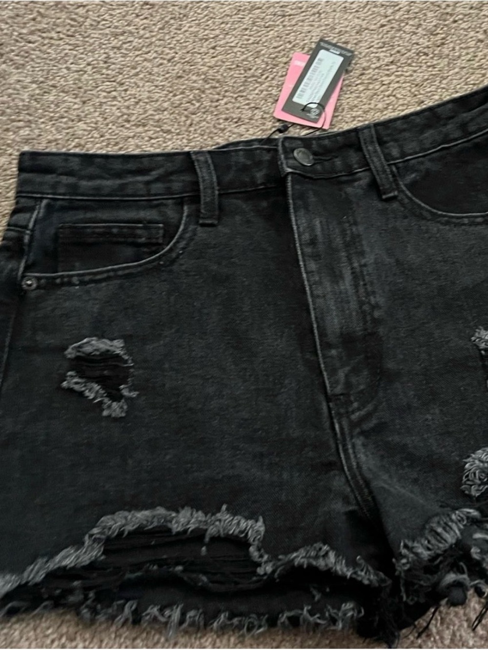PrettyLittleThing Black Denim Shorts with Pink Brand Tag